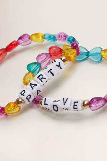 Letter bead bracelets with PAR-TY and LOVE text, multicolor translucent hearts and gold beads