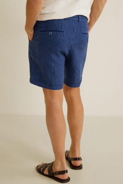 Navy striped shorts with button fly, front welt pockets, and drawstring