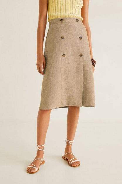 MANGO double-breasted midi skirt, light brown linen with front buttons and pleats