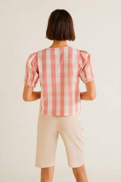 Coral red and white striped blouse with puff sleeves, back view
