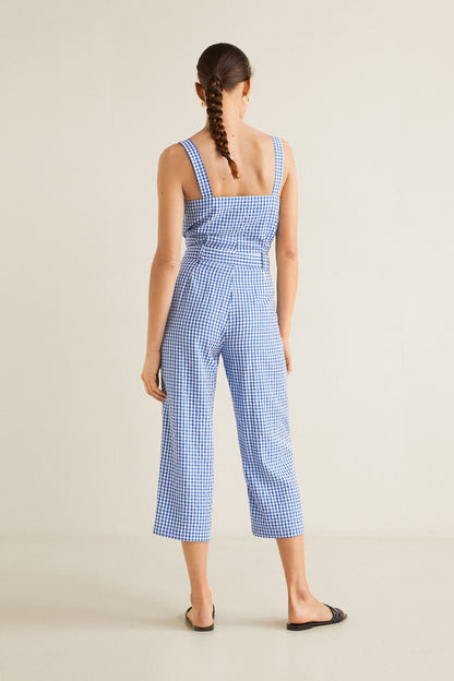 Blue gingham sleeveless jumpsuit with square back and wide cropped legs