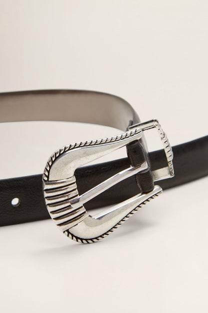 Black leather belt with silver buckle and double-prong detail
