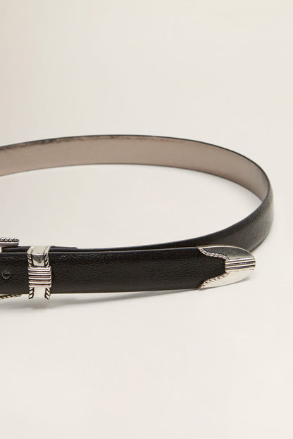 Black leather belt with silver buckle edge and stitched trim