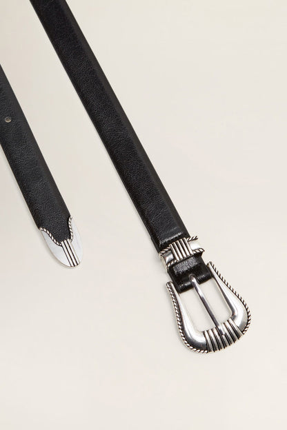 Black leather belt ends with silver buckle and decorative stitchwork