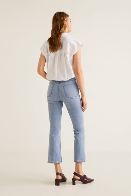 White short-sleeve button-front blouse with gathered back detail