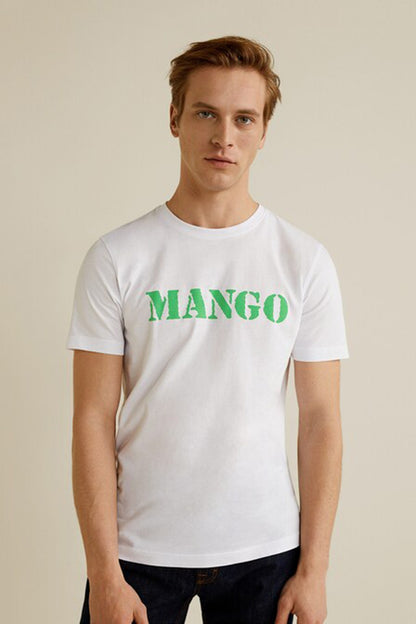 White crew-neck T-shirt with green MANGO logo print
