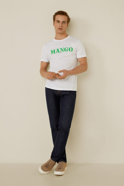 White crew-neck T-shirt with green logo print