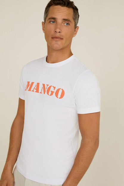 Men's white T-shirt with orange MANGO logo on front