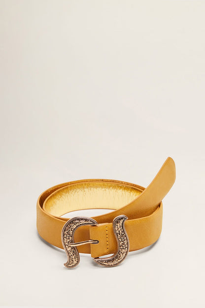 Mustard leather belt with ornate silver-tone buckle and double prong