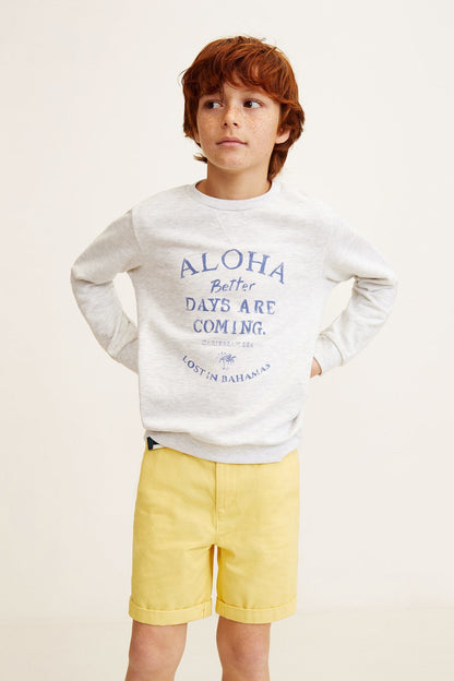 Kids light gray sweatshirt with ALOHA graphic and yellow shorts outfit