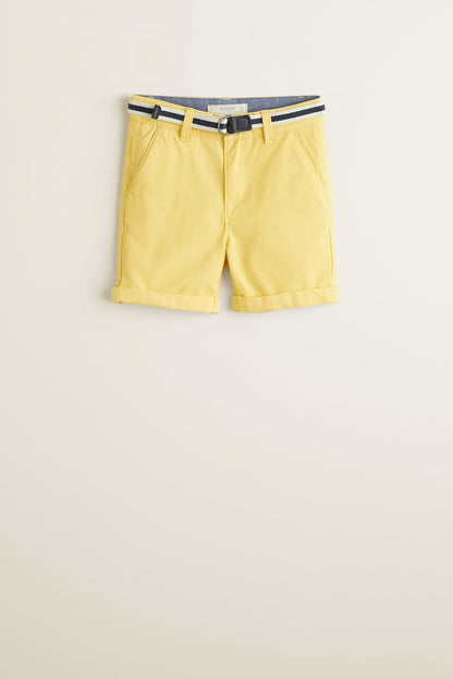 Yellow kids shorts with adjustable navy waistband, button, and pockets