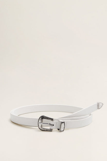 White belt with silver buckle and black embroidered border detail