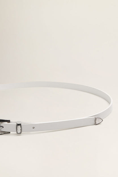 White belt with silver buckle and black trim stitching, side view