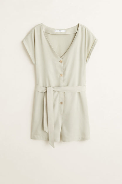 Light green belted romper with V-neck and button placket, short sleeves