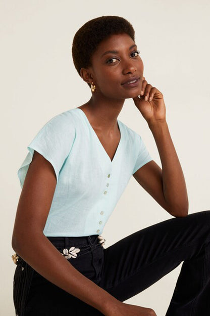 Aqua green V-neck short-sleeve blouse with front buttons