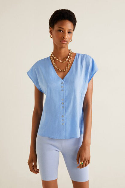 Light blue V-neck button-front blouse with short sleeves