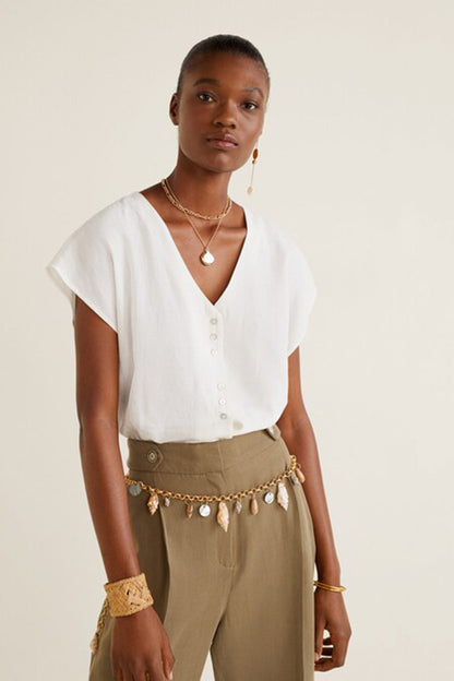 Off-white short-sleeve button-front blouse with V-neck, relaxed fit