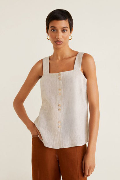 Beige square-neck sleeveless button-front linen top
