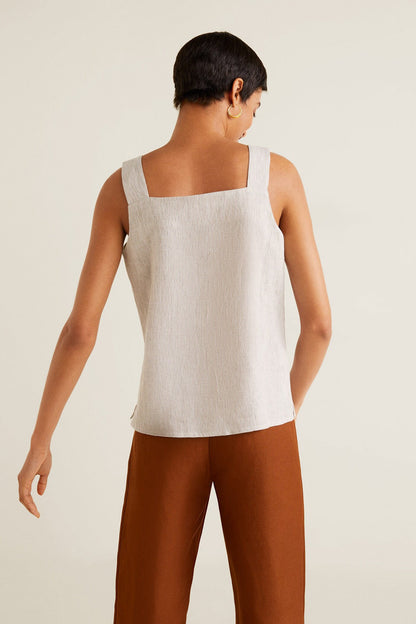 Beige square-neck sleeveless button-front linen top, back view