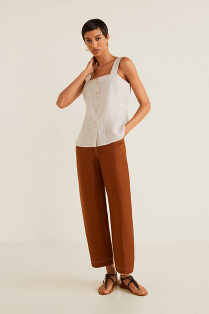 Beige sleeveless button-front linen top with square neckline