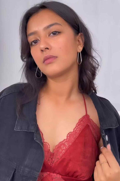 Burgundy lace-trim slip dress neckline with spaghetti straps