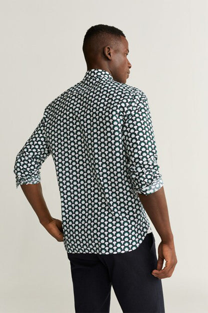 Mens patterned button-up shirt with teal-and-white circle print, back view