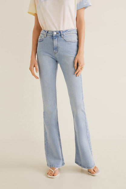 Light blue denim wide-leg jeans with front pockets and belt loops