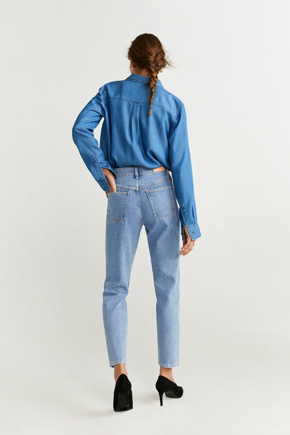 Light blue denim jacket and jeans set, back view with full-length sleeves