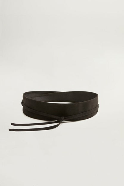 Black fabric belt with adjustable tie ends
