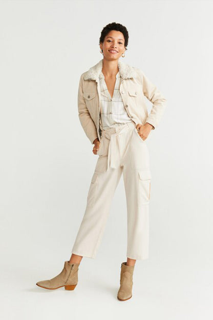 Ecru cargo-style trousers with tie belt and button flap pockets