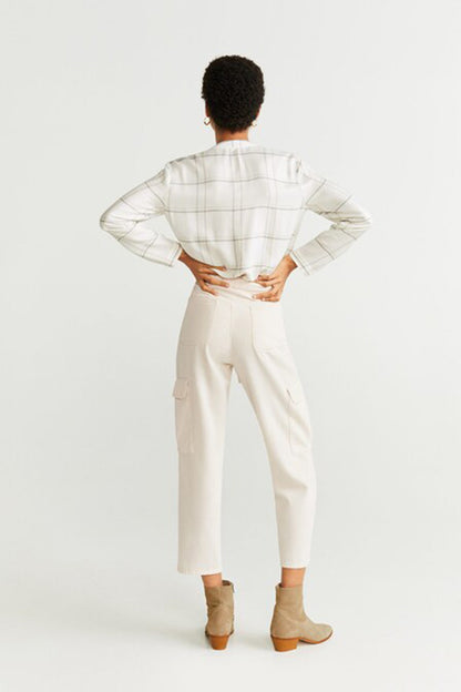 Ecru cargo trousers, back view, with patch pockets and ankle-length cut