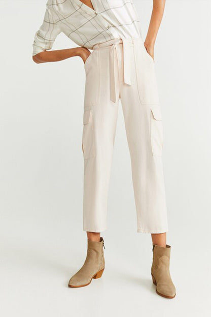 Ecru ankle-length cargo trousers with tie waist and front flap pockets