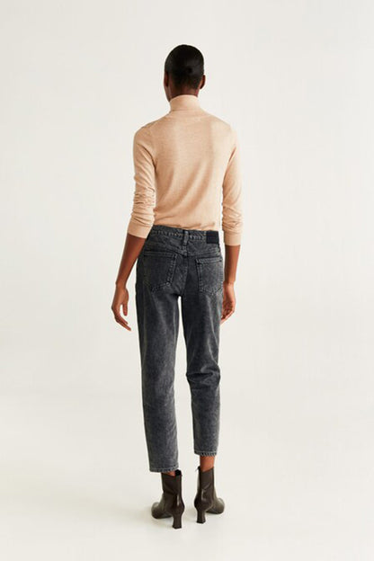 Dark denim jeans back view, straight leg with cuffed hem and belt loops