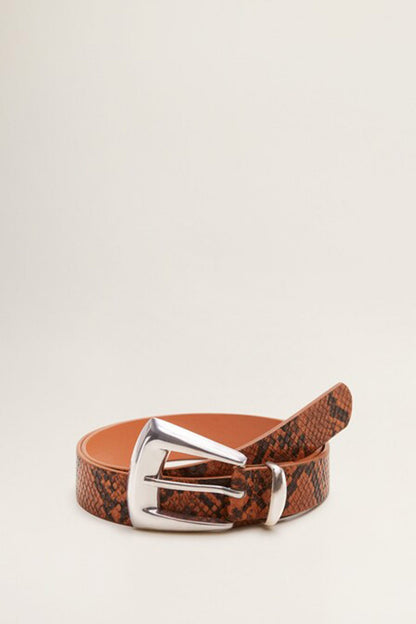 Caramel patterned leather belt with silver rectangular buckle and keeper