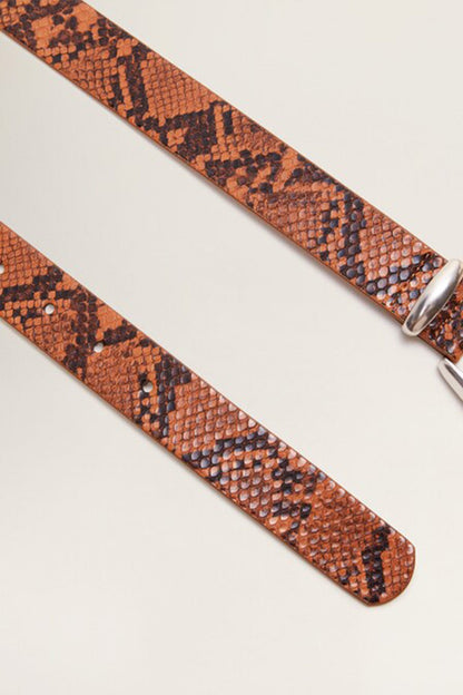 Caramel snake-skin belt strap with tapered end and silver buckle loop