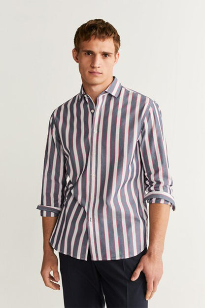 Men's vertical striped button-up shirt in dark navy and light blue, long sleeves, collared