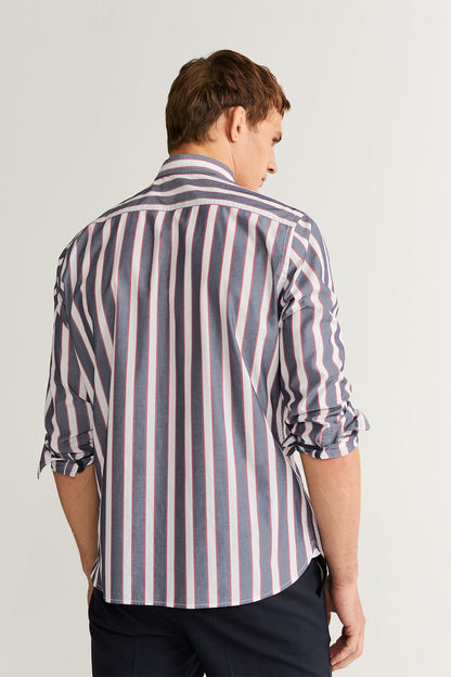 Men's vertical striped button-up shirt, side/back view, dark navy and light blue, long sleeves