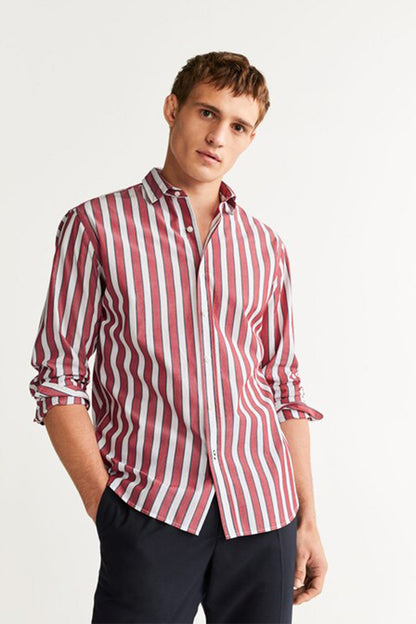 MANGO men’s red and white striped button-up shirt with long sleeves