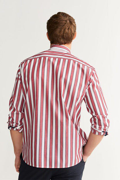 MANGO men’s red and white striped button-up shirt, back view