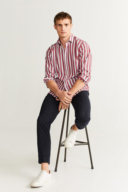 MANGO men’s red and white striped button-up shirt, front view