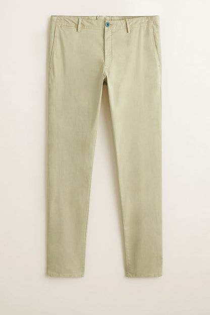 Beige chino pants with straight-leg cut, button closure, and belt loops