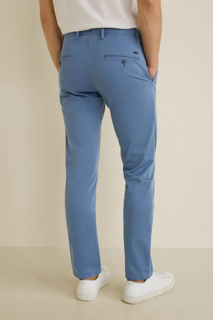 MANGO China blue chinos with button fly, belt loops, and back welt pockets
