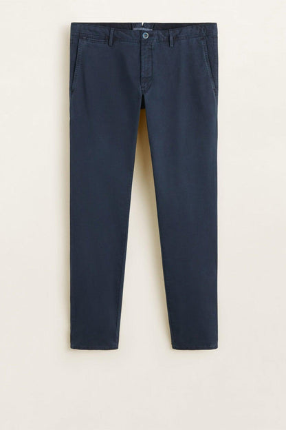 Navy pants with belt loops and front button closure