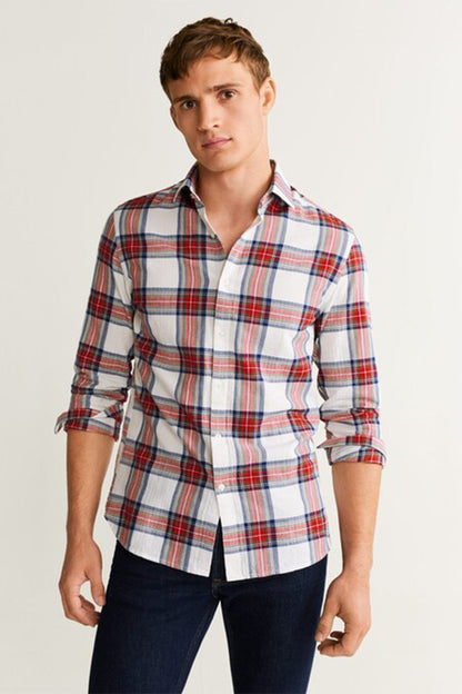 MANGO white plaid button-up shirt with long sleeves and button front