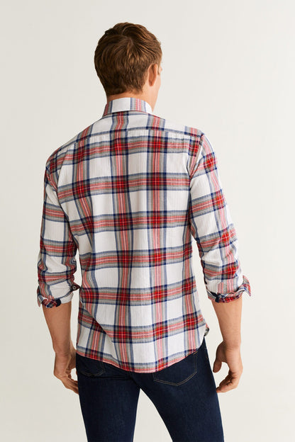 Plaid button-up shirt, back view, white base with red and blue stripes, long sleeves