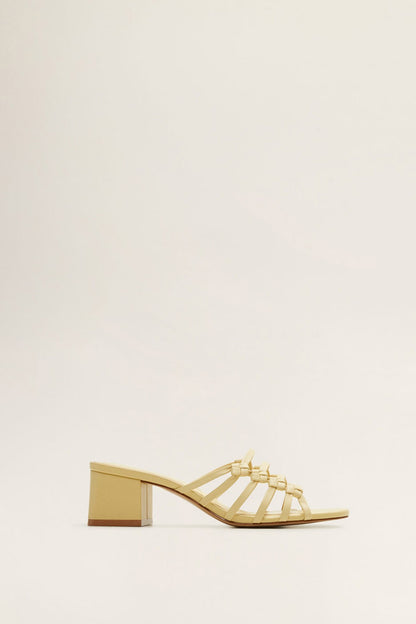MANGO pastel yellow strappy heeled sandal with block heel and crisscross straps