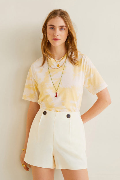 Off-white tie-dye short-sleeve top with high-waist button-front shorts