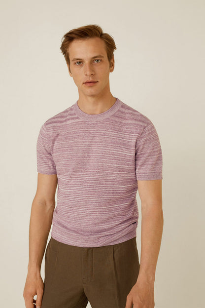 MANGO pastel pink striped knit T-shirt with crew neck, short sleeves