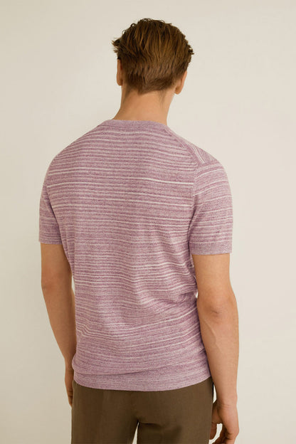 MANGO pastel pink striped knit T-shirt back view with crew neck, short sleeves