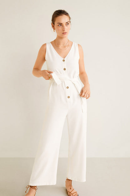 Off-white sleeveless V-neck jumpsuit with button-front and wide-leg pants